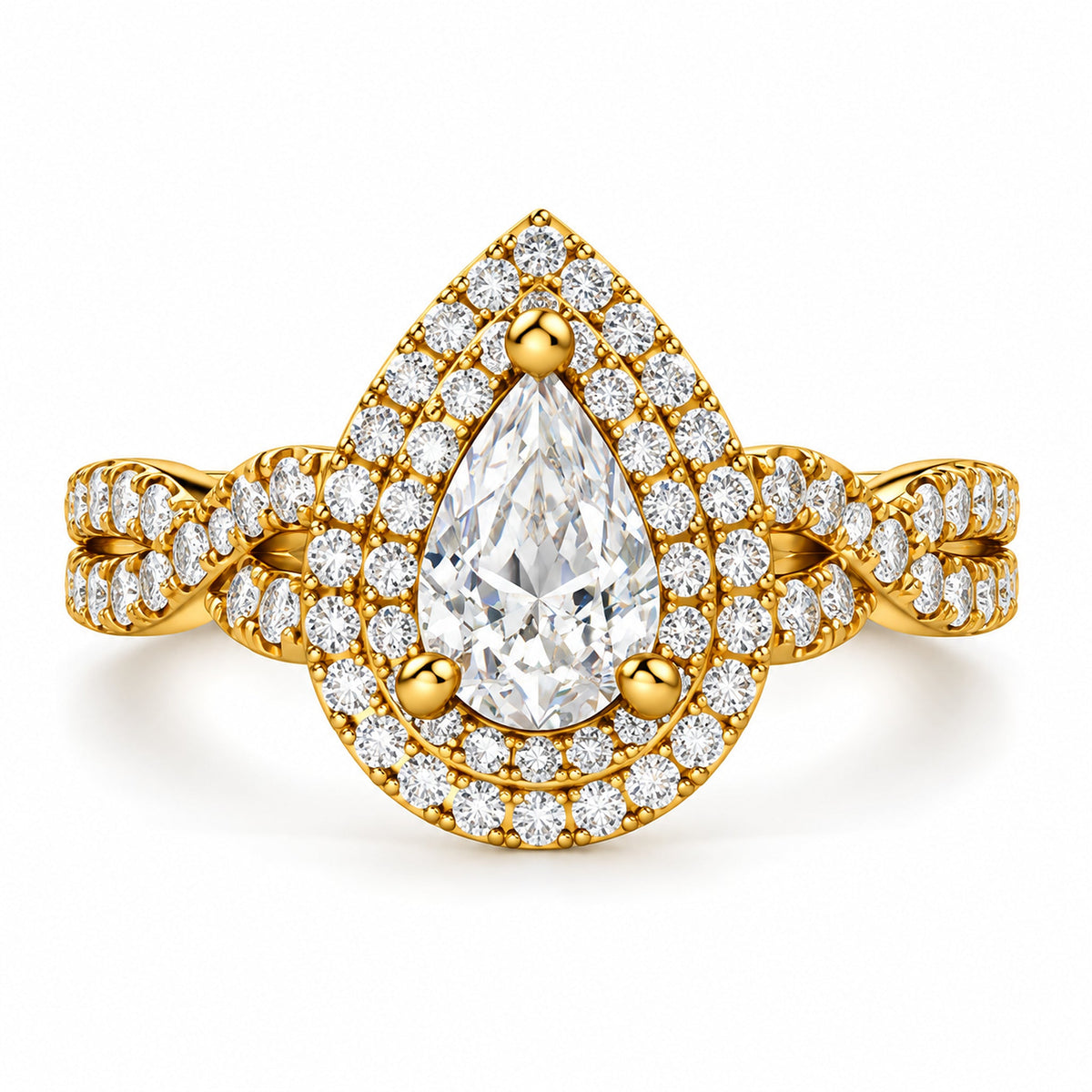 Pear Double Halo Twisted Shank Engagement Ring, 0.75 ct front view