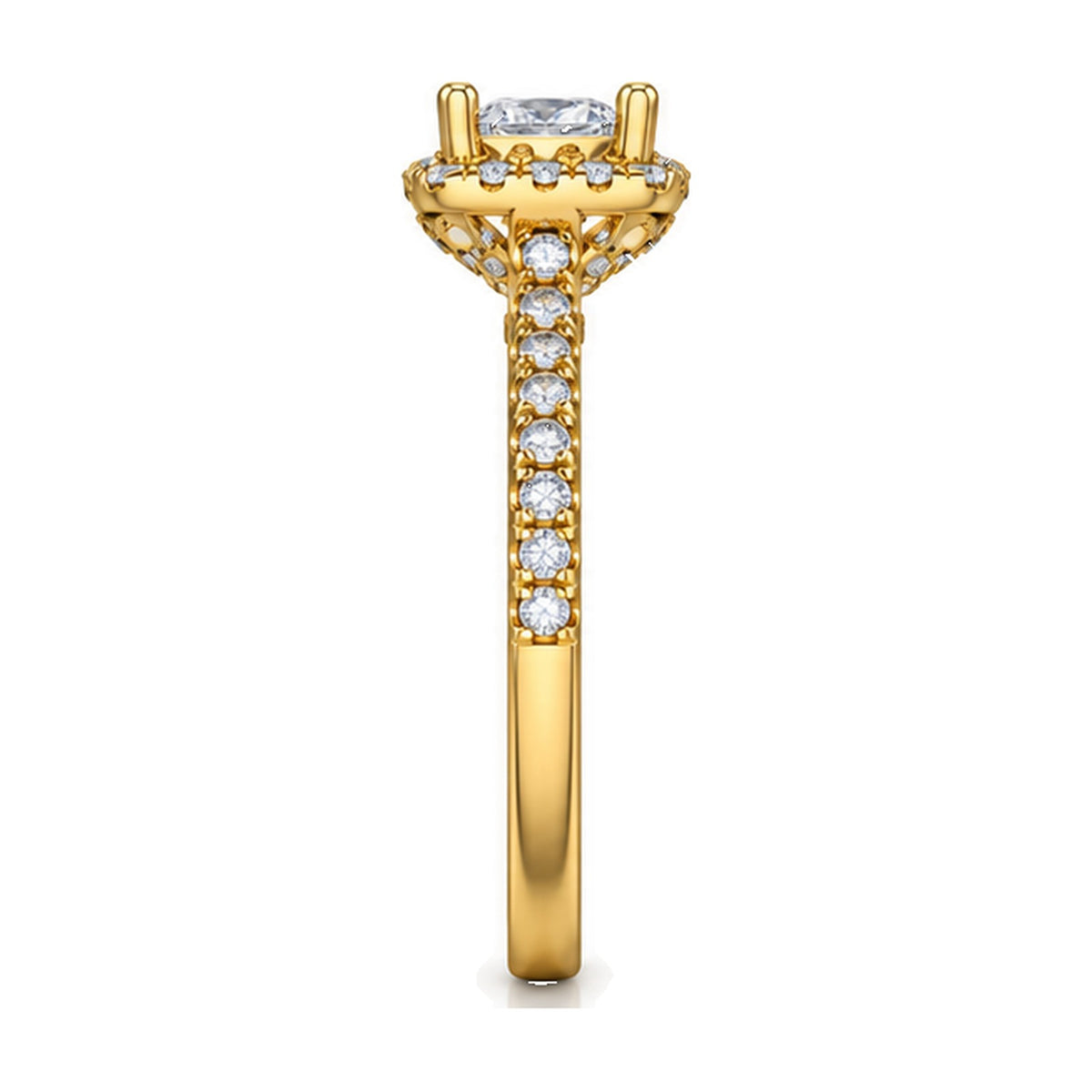 Cushion Halo Pavé Engagement Ring, 0.50 ct side view