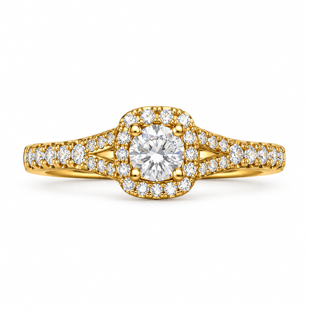 Cushion Halo Round Engagement Ring with Pavé Split Shank, 0.50 ct front view