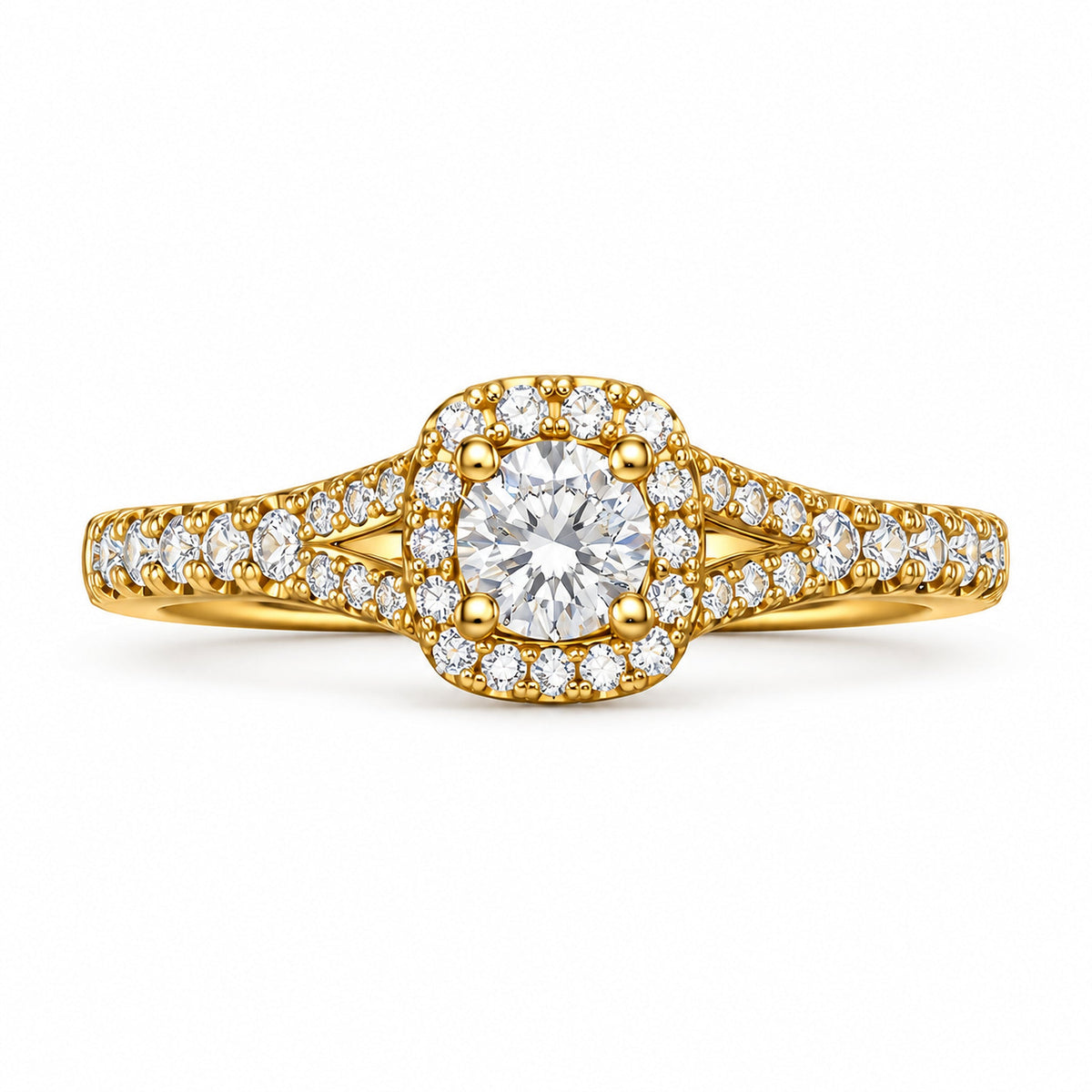 Cushion Halo Round Engagement Ring with Pavé Split Shank, 0.50 ct front view