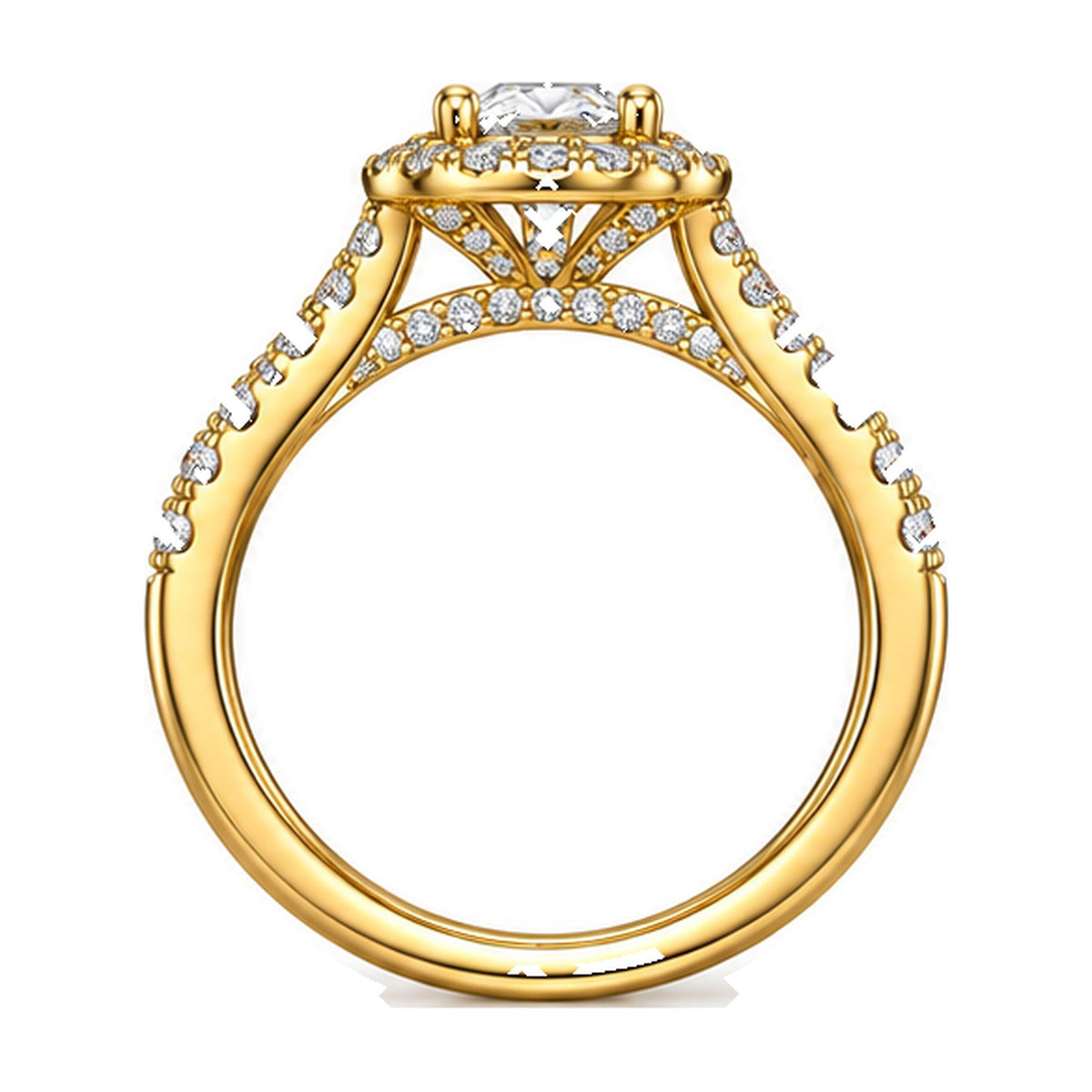 Cushion Halo Round Engagement Ring with Pavé Split Shank, 0.50 ct side view