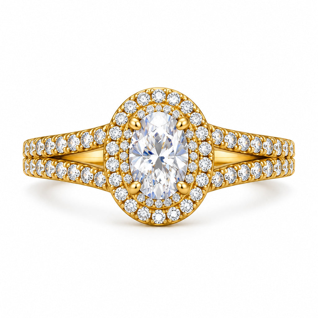 Oval Halo Pavé Split Shank Engagement Ring, 0.33 ct front view