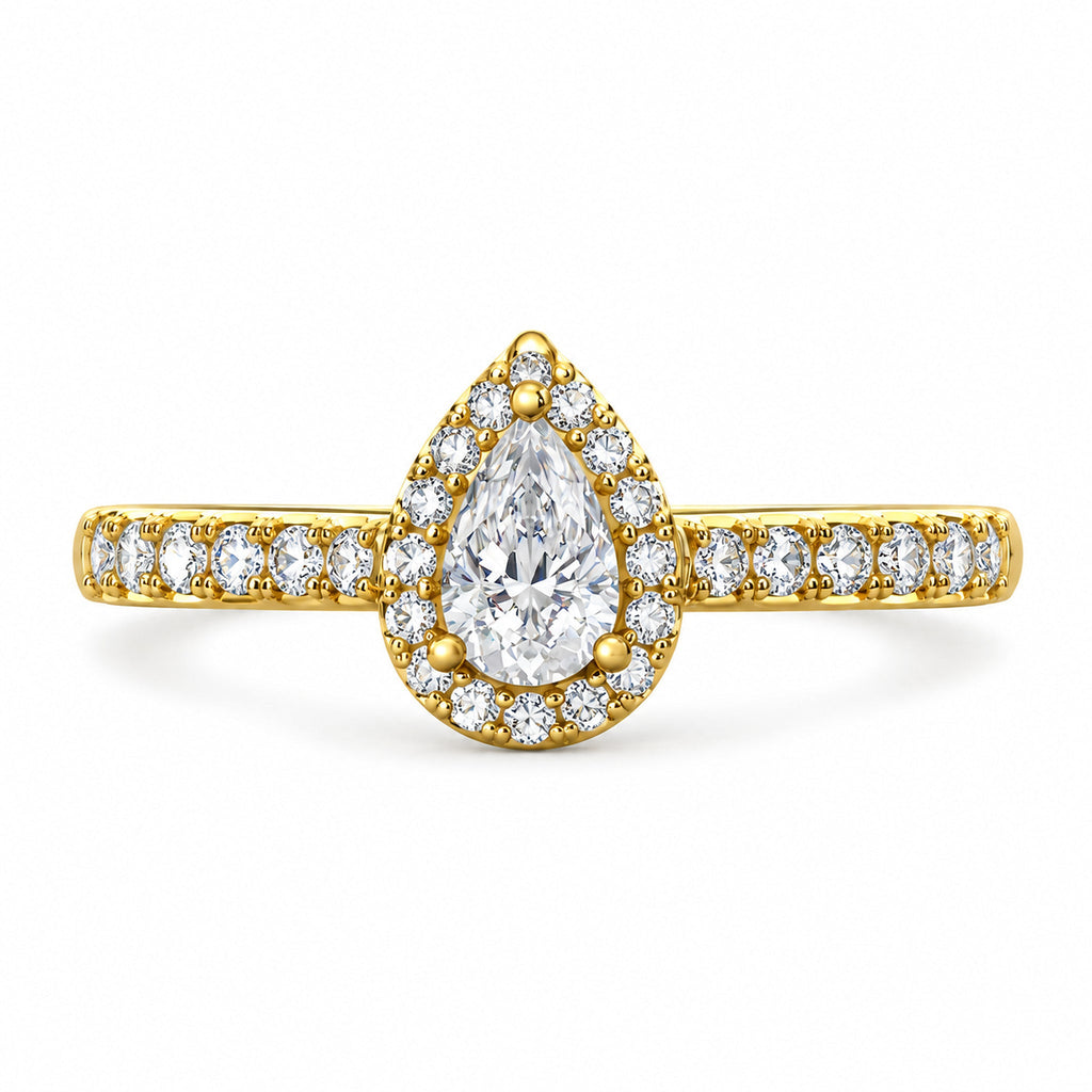 Pear Halo Moissanite Engagement Ring with Pavé Shank, 0.38 ct front view