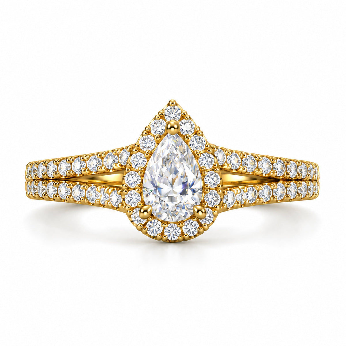 Pear Halo Pavé Split Shank Engagement Ring, 0.50 ct front view