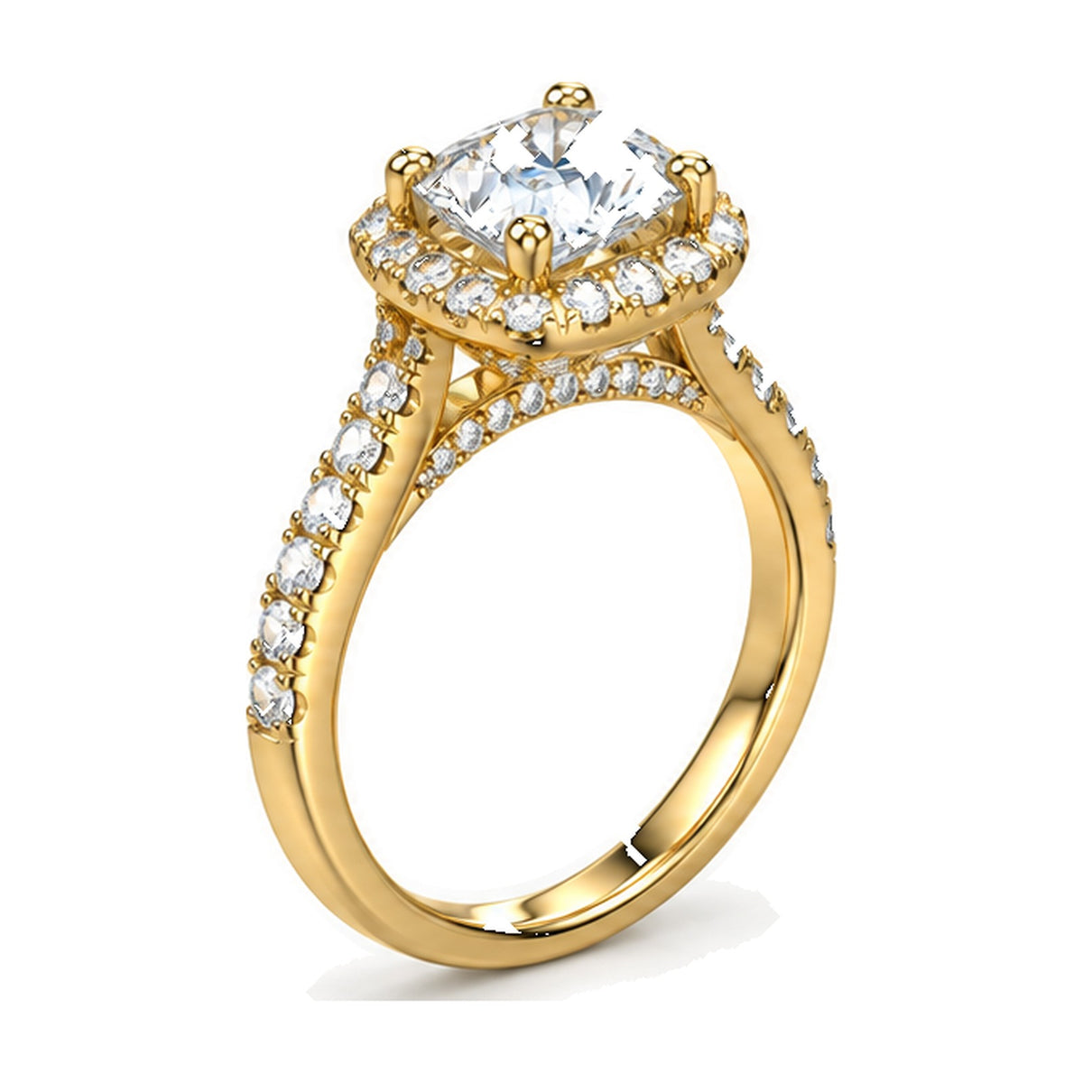 Cushion Halo Pavé Split Shank Engagement Ring, 1 ct angle view