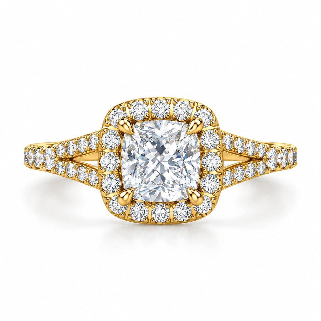 Cushion Halo Pavé Split Shank Engagement Ring, 1 ct front view