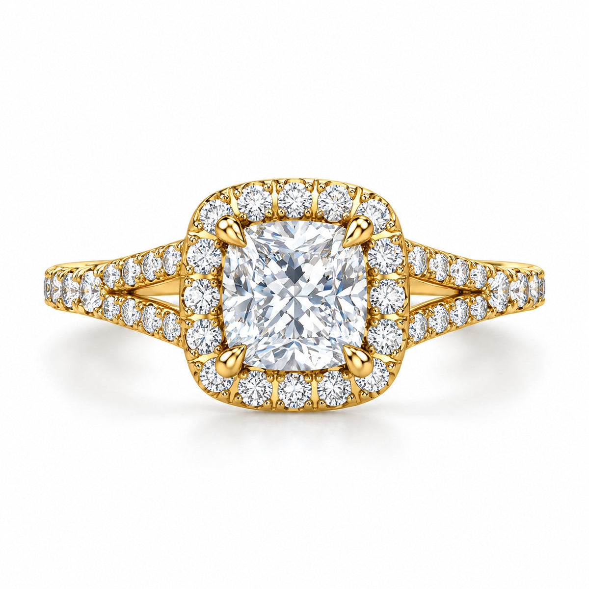 Cushion Halo Pavé Split Shank Engagement Ring, 1 ct front view