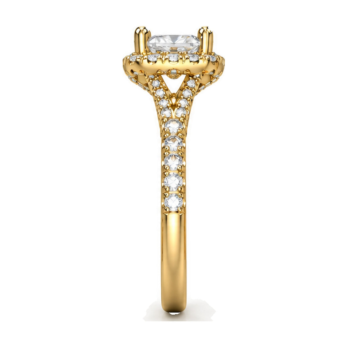 Cushion Halo Pavé Split Shank Engagement Ring, 1 ct side view