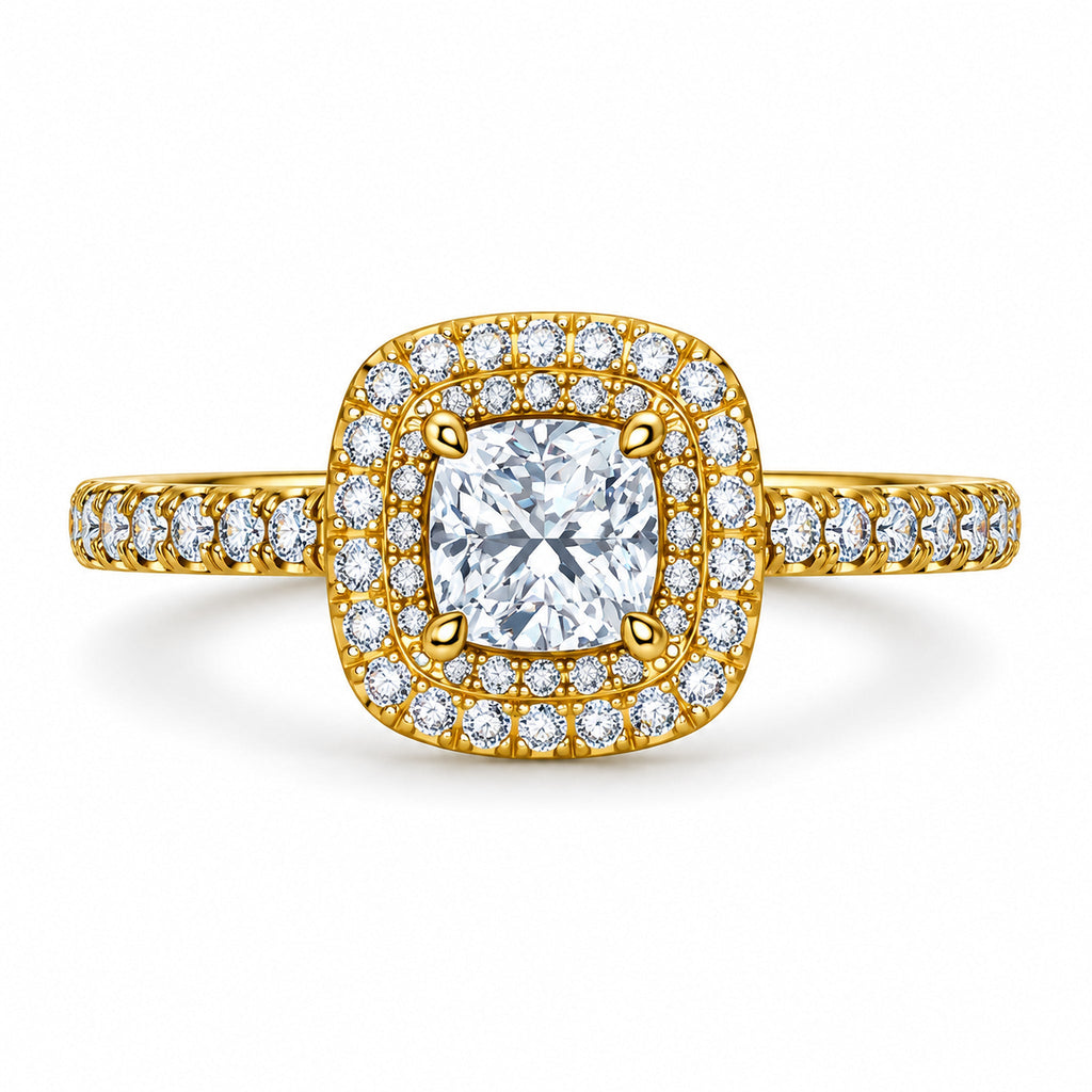 Cushion Double Halo Pavé Engagement Ring, 0.50 ct front view