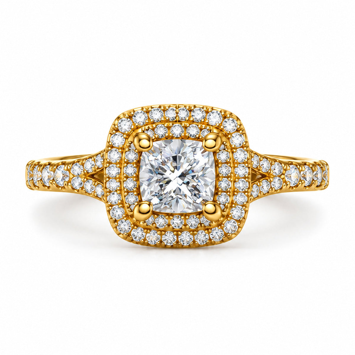 Cushion Double Halo Pavé Split Shank Engagement Ring, 1 ct front view