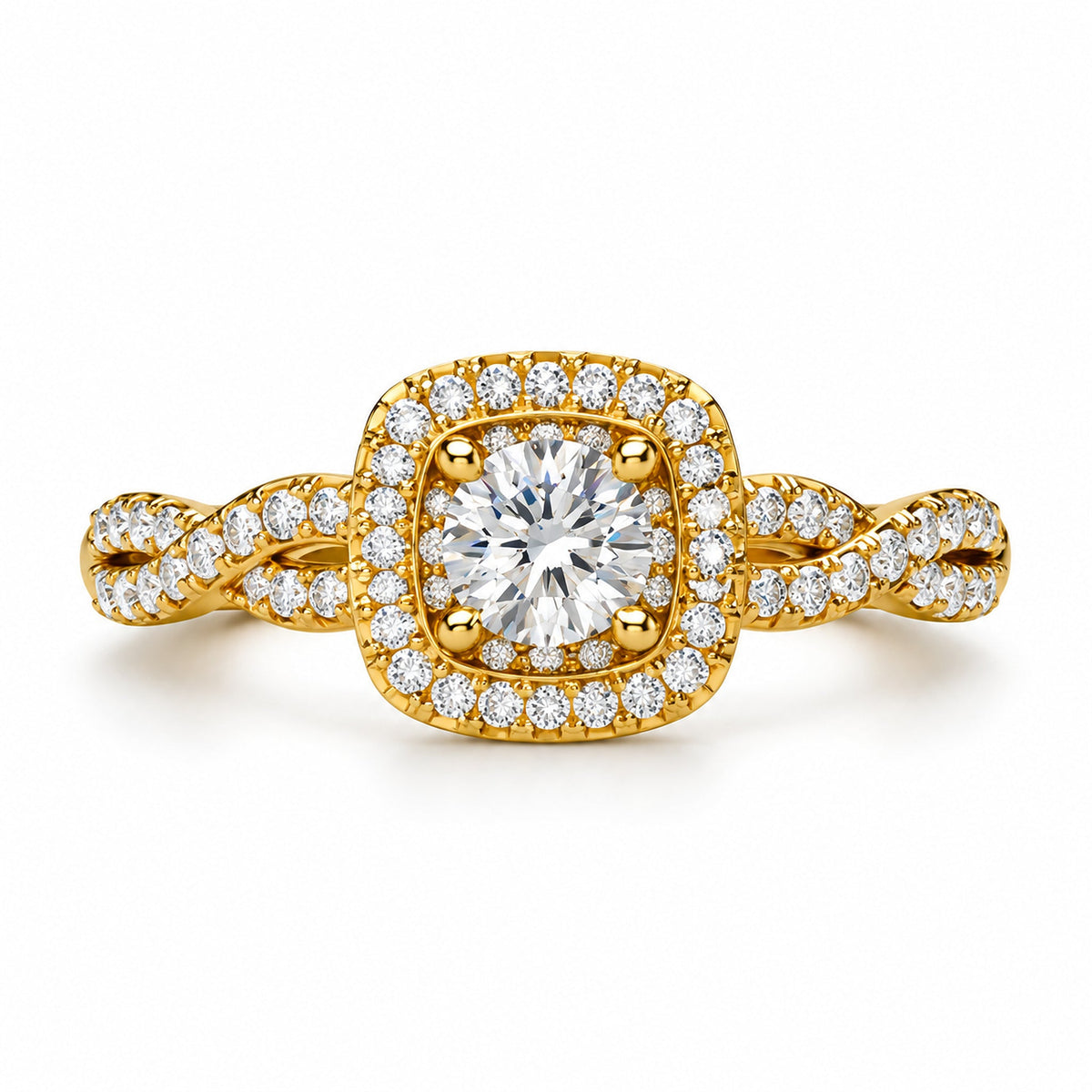 Cushion Halo Twisted Shank Round Engagement Ring, 0.33 ct front view