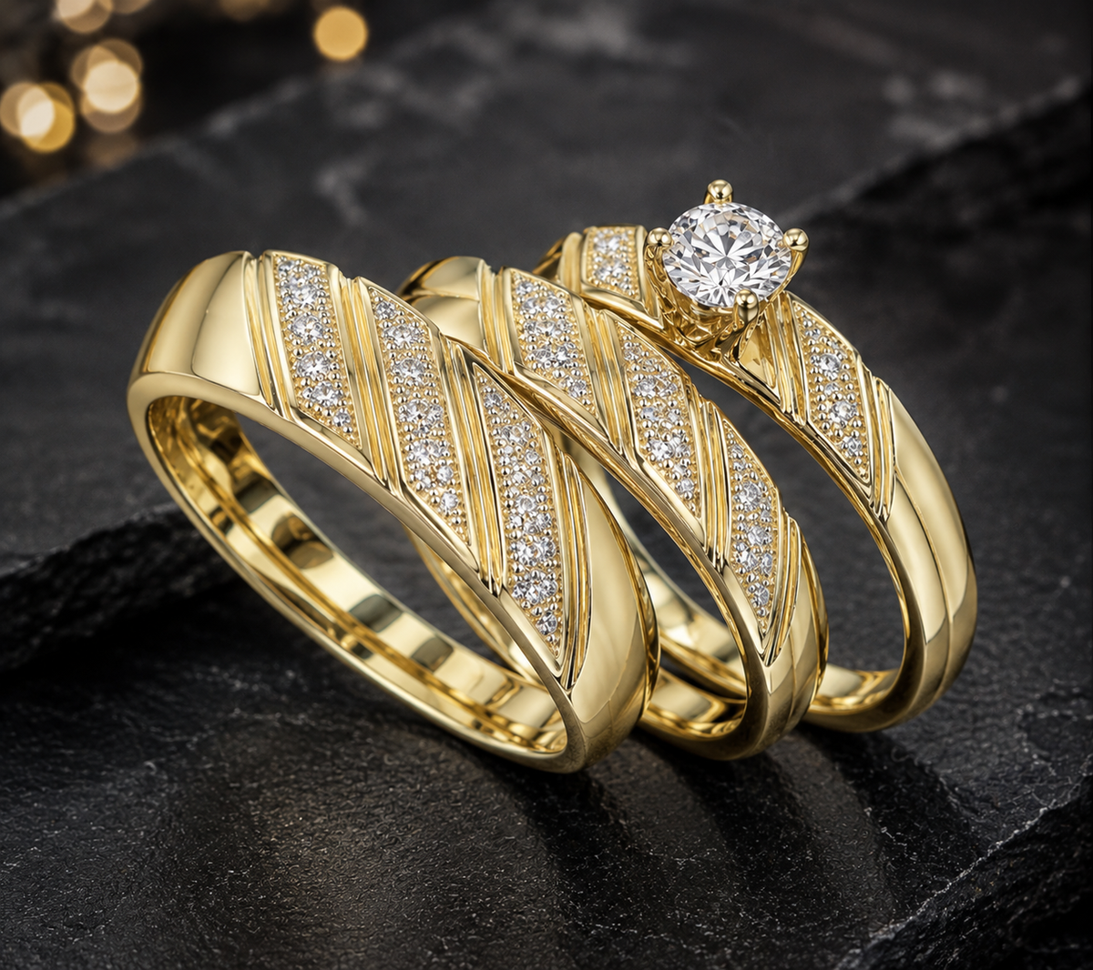 Bridal Trio Ring Set - Leaf Pave Simulated Diamond, 925 Sterling Silver