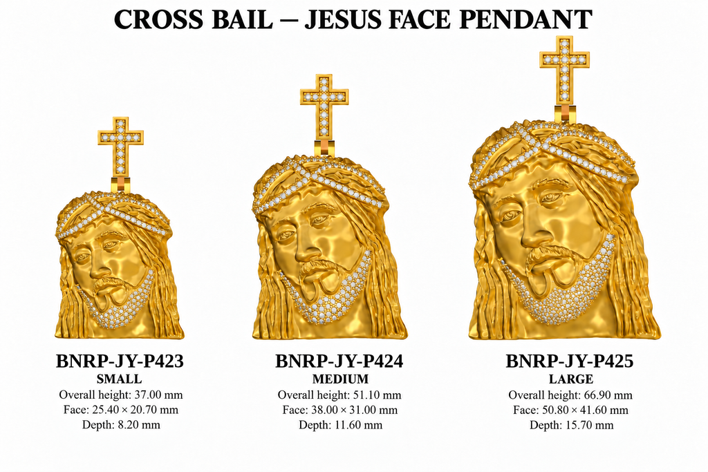 Jesus face pendant cross bail size chart