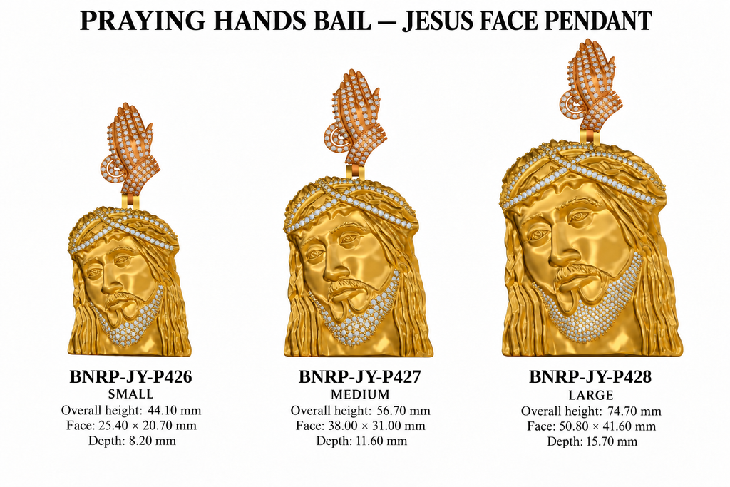 Jesus face pendant praying hands bail size chart