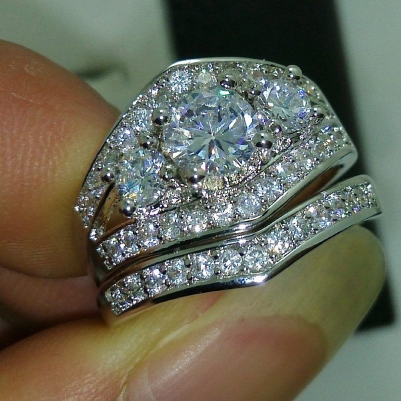 3-Stone Round Cut 925 Sterling Silver 2.00 CT White Gold Plated Moissanite Women's Bridal Engagement Ring Set Size 4-13