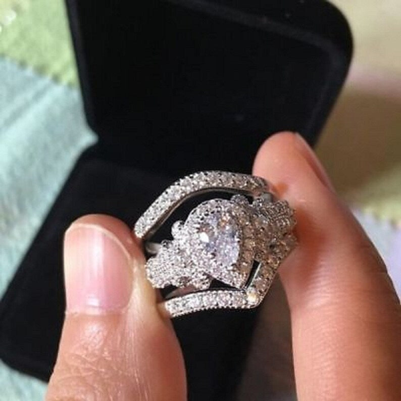 925 Sterling Silver, Pear Cut Diamond Engagement Ring, Women Moissanite Bridal Ring-Wedding Ring Set, 14K White Gold Finish, Gift For Her