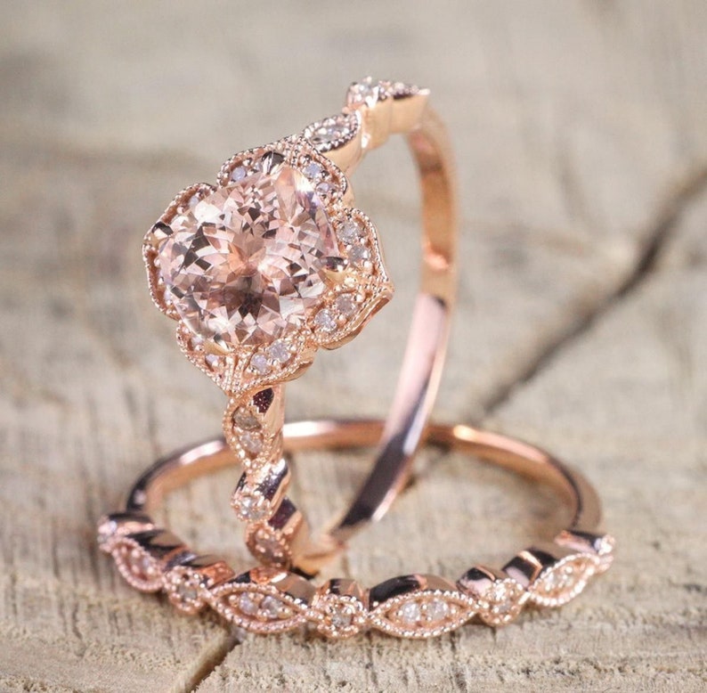 Cushion Cut Morganite Diamond Engagement Ring and Art Deco Band in 14k Rose Gold Finish 925 Sterling Silver Bridal Ring Set Women Band Ring