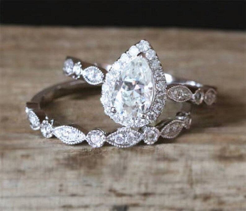 Brilliant Round & Pear Cut Diamond Halo Bridal Ring Set 14K White Gold Finish Women Engagement Wedding Band Ring Set, 925 Sterling Sliver