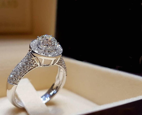 14K White Gold Finish Round Cut Engagement Diamond Ring, Women Moissanite Wedding Band Ring, 925 Sterling Silver Halo Ring Band Bridal Set