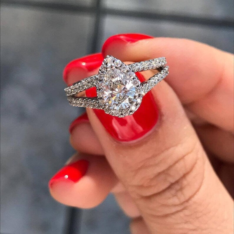 Pear Cut Diamond 1-1/2 CT. T.W. Halo Womens Engagement Ring 14K White Gold Finish 925 Sterling Silver, Free Ship