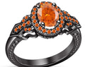 925 Sterling Silver Oval Ring, 14K Black Gold Finish Orange Sapphire Halo Ladies Beautiful Engagement Ring, All Size Available, Propose Ring