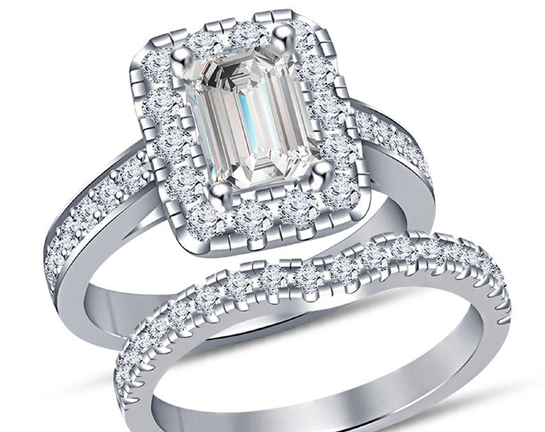 Emerald Cut Lab-Created Diamond 10K White Gold Finish 925 Sterling Silver Matching Bridal Ring Set Engagement Band