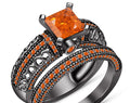 Princess Cut Orange Sapphire Diamond Bridal Set 14K Black Gold Finish Elegance, Half Eternity Ring Set Perfect Wedding Ring Gift for Her
