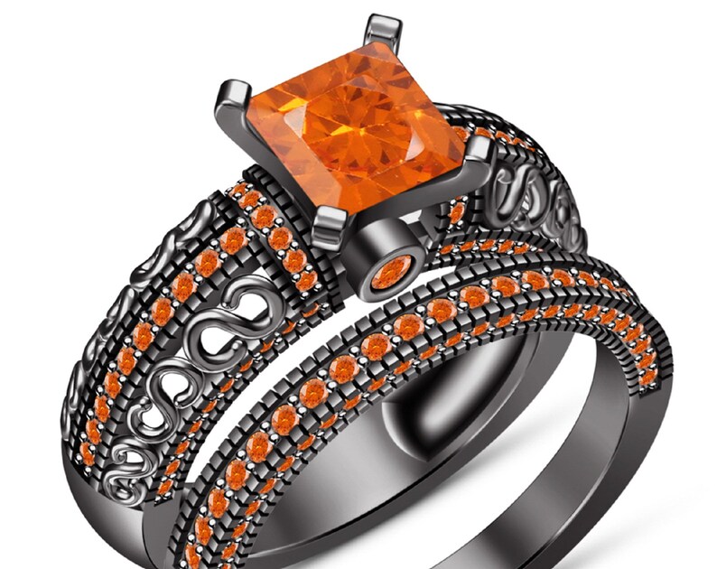 Princess Cut Orange Sapphire Diamond Bridal Set 14K Black Gold Finish Elegance, Half Eternity Ring Set Perfect Wedding Ring Gift for Her