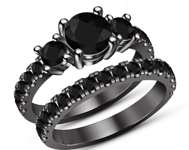 3 Stone Black Diamond Engagement Wedding Bridal Ring Set/ Best Party Wear Most Selling Ring Women's Round 14kt Black Gold Finish Unique Ring