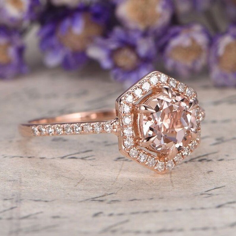 Unique fashion ring/ 14K Rose Gold Finish wedding Ring/ Best ring for women/ Bride's ring/ Round Cut Peach Pink Engagement Ring