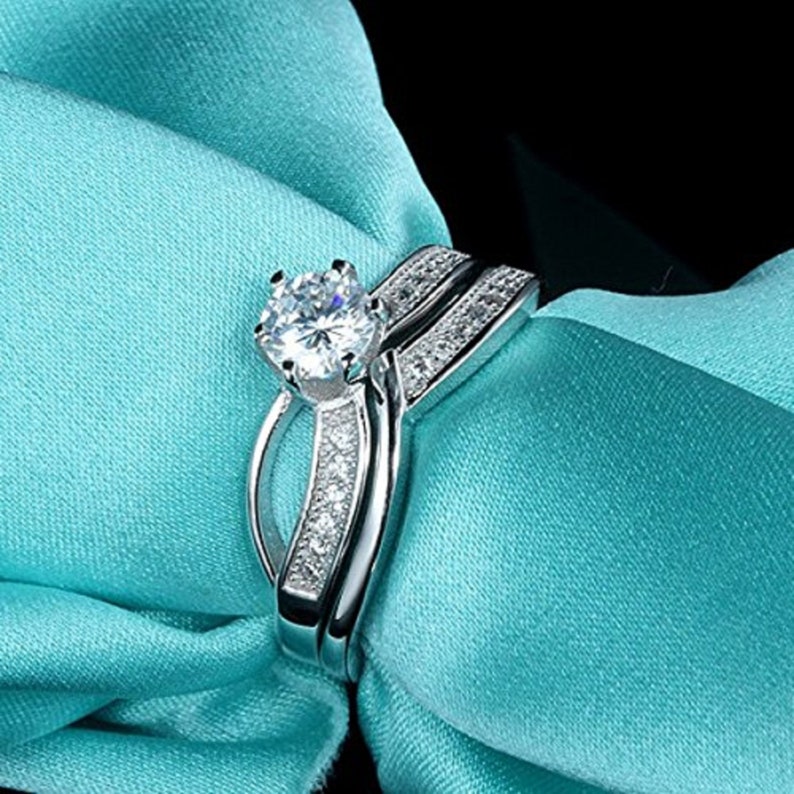 Unique Art Deco Diamond Wedding Ring Set Engagement Ring Set 925 Sterling Silver Wedding Band Ring Set 14k White Gold Finish Ring Set