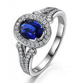 Halo engagement ring, sapphire ring, oval cut, blue gemstone wedding ring, 925 sterling silver,September birthstone