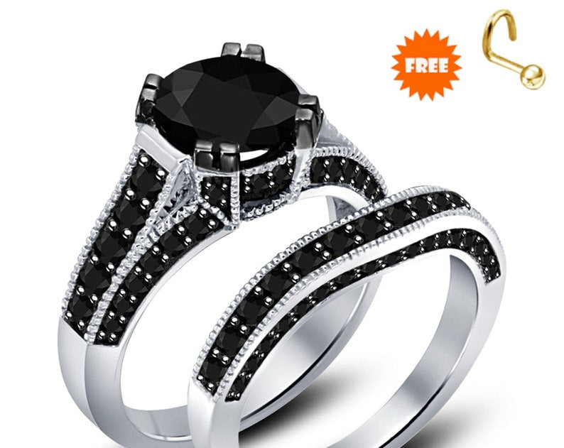 Round Cut Black Diamond Engagement Ring 14k White Gold Finish Solitaire With Accents Band Wedding Ring Set 925 Sterling Silver Bridal Set