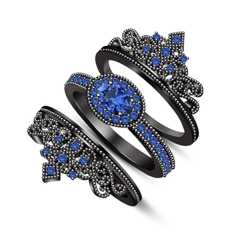 Art Deco Dainty 925 Sterling Silver Crown Ring Set 14k Black Gold Finish Oval Cut Blue Sapphire Eye Catchy Ring, Multi Color Available