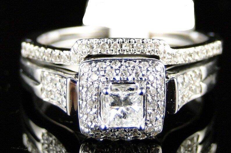 Women's Moissanite Engagement Wedding Ring Set, 14K White Gold Finish Princess Cut Diamond Bridal Ring Set, 925 Sterling Sliver