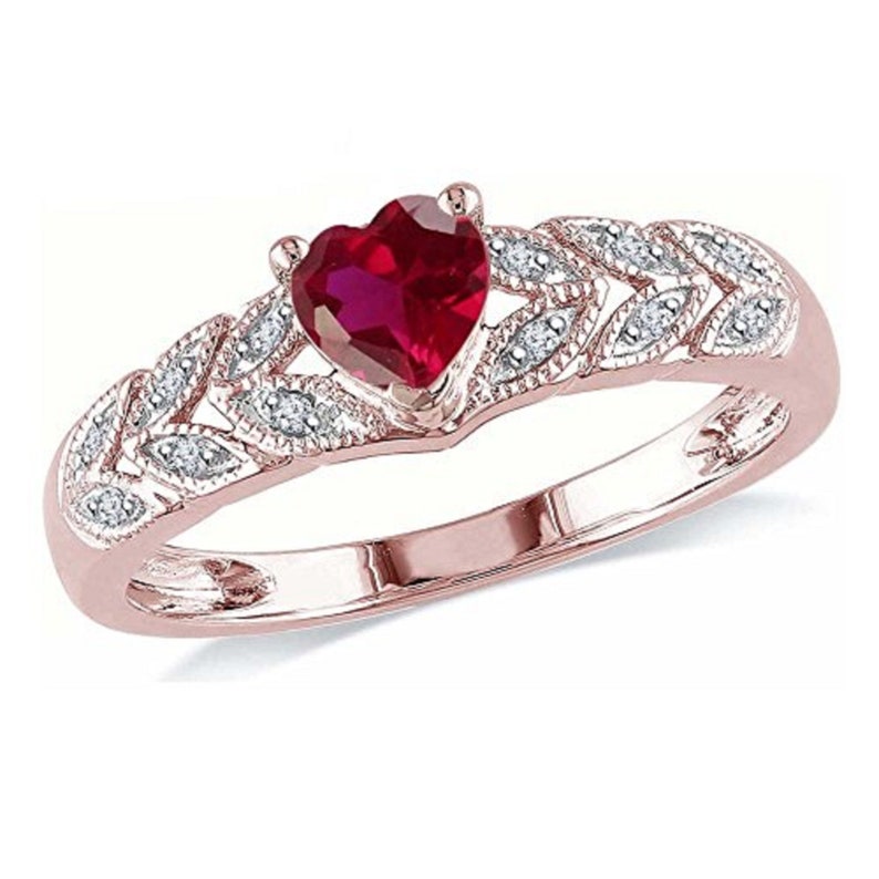 14K Rose Gold Finish Heart Cut Ruby Stone & White Moissanite, Solid 925 Sterling Silver Ring, Unique Leaf Wedding Women Bridal Ring 4-13