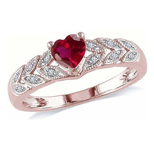 14K Rose Gold Finish Heart Cut Ruby Stone & White Moissanite, Solid 925 Sterling Silver Ring, Unique Leaf Wedding Women Bridal Ring 4-13