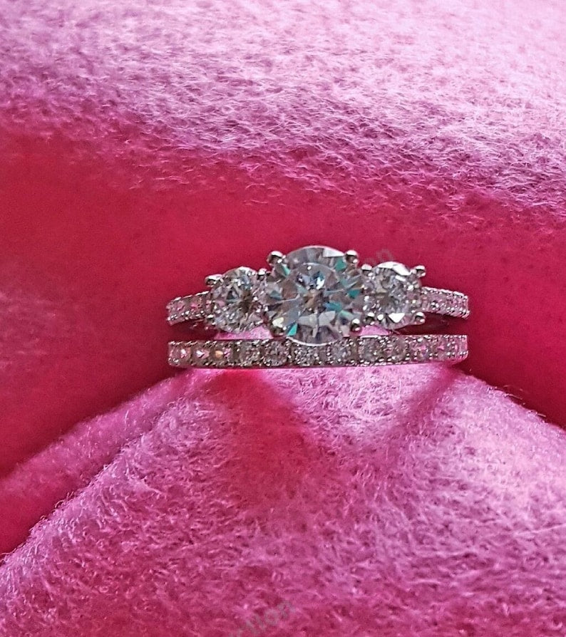 3-Stone Band Round Diamond Wedding Set, Round Cut Bridal Set 14k White Gold Finish, Women Moissanite Engagement Set 925 Sterling Silver