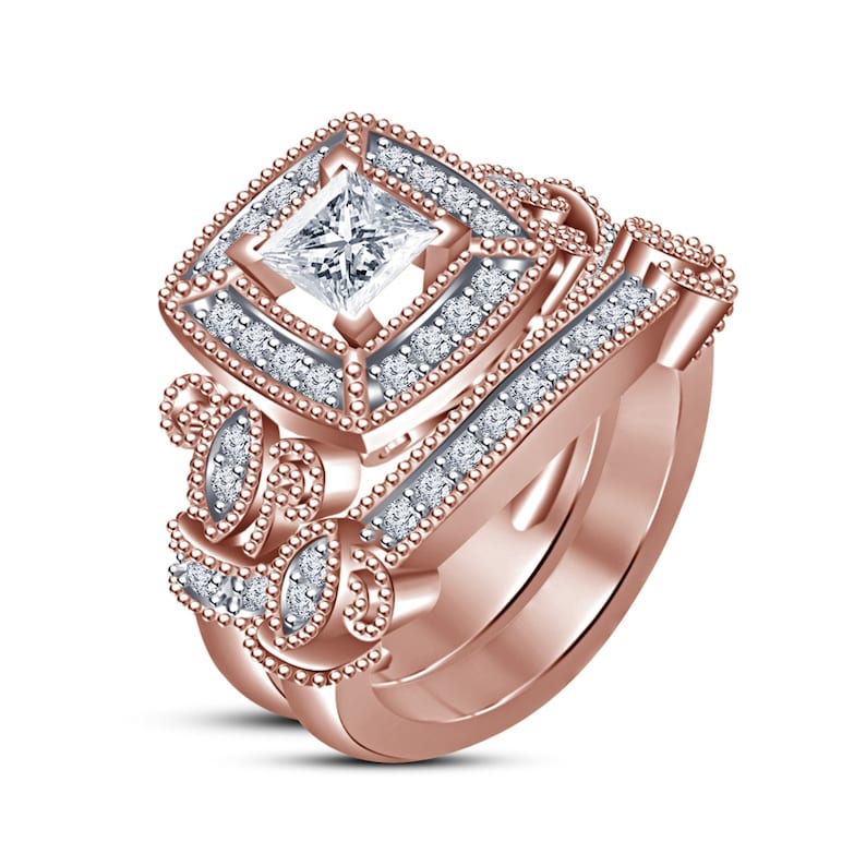 Princess Cut Diamond 10k Rose Gold Finish Engagement Wedding Band Ring Bridal Set 925 Silver