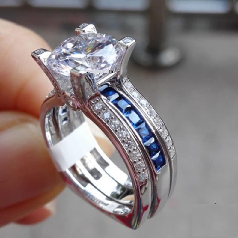 14K White Gold Finish Ring/ Women Engagement Wedding Ring With Enhancer/ 925 Sterling Silver White Diamond & Blue Sapphire Ring/ Wrap Ring
