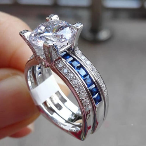 14K White Gold Finish Ring/ Women Engagement Wedding Ring With Enhancer/ 925 Sterling Silver White Diamond & Blue Sapphire Ring/ Wrap Ring