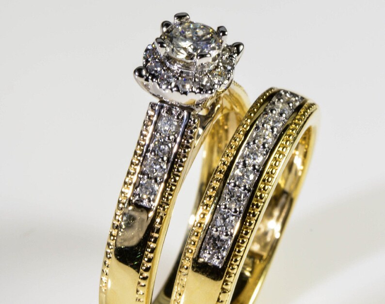 Brilliant Round Cut Diamond Ring For Women Moissanite Engagement Wedding Bridal Ring Set 14K Yellow Gold Finish