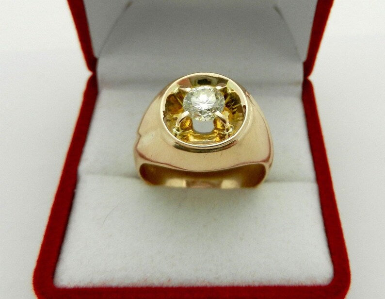 Impressive Solitaire Round Diamond 14K Yellow Gold Finish Art deco Style Men's Ring Solid 925 Sterling Silver/ Simple Wedding Ring For Groom