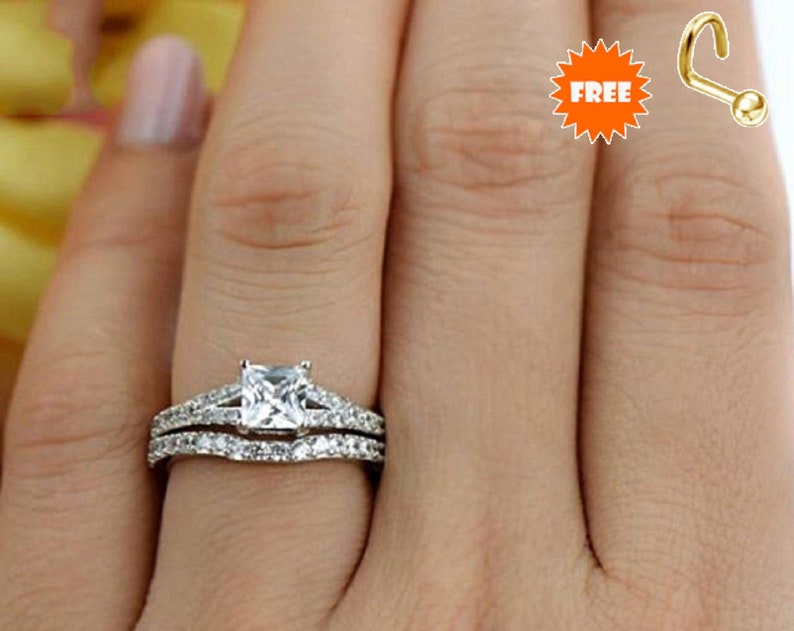 925 Sterling Silver Engagement Ring Set, 14K White Gold Finish Princess Cut Engagement Ring, Wedding Ring Moissanite, Diamond Bridal Set,