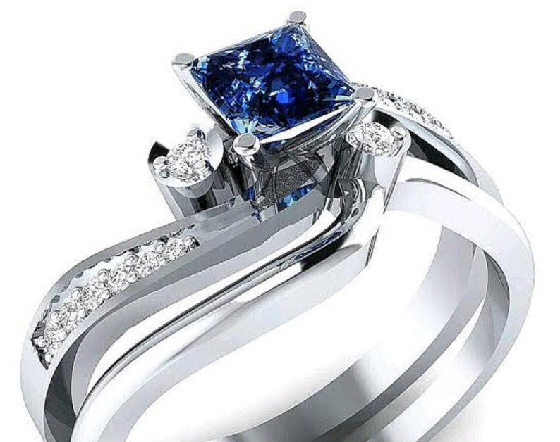 Beautiful Princess Cut Blue Sapphire Diamond Ring For Women Engagement & Bridal Ring 925 Sterling Silver Solitaire With Accents Ring For Her