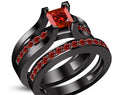 Red Garnet & Diamond Sterling Silver Bridal Ring Set, Black Gold Finish