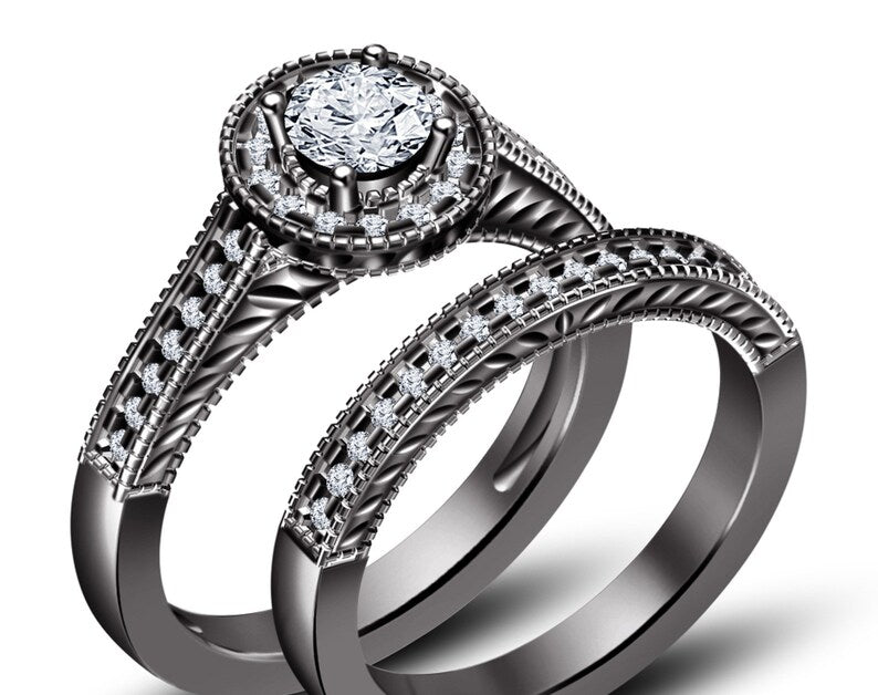 10k Black Gold Finish Women's 2 Pcs Engagement Bridal Rings Set Round Cut White Diamond 925 Sterling Silver
