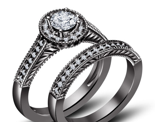 10k Black Gold Finish Women's 2 Pcs Engagement Bridal Rings Set Round Cut White Diamond 925 Sterling Silver