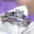 14K White Gold Finish Elegant Wedding Jewelry, Enchanting Purple Amethyst Diamond Ring Bridal Ring Set, Perfect Engagement Gift For Women