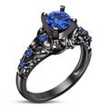 Chic Women's Blue Sapphire Ring, 14K Black Gold Finish Classy Ring, Solid 925 Sterling Silver, Round Cut Engagement Weeding Diamond Ring